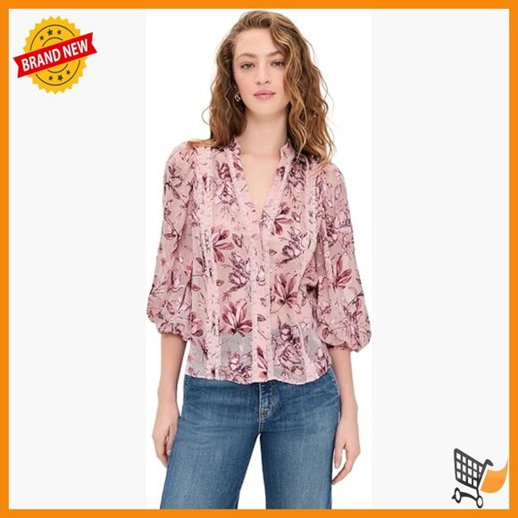 Long Sleeve Blouse with V-Neck and Floral Pattern Dry Clean Only